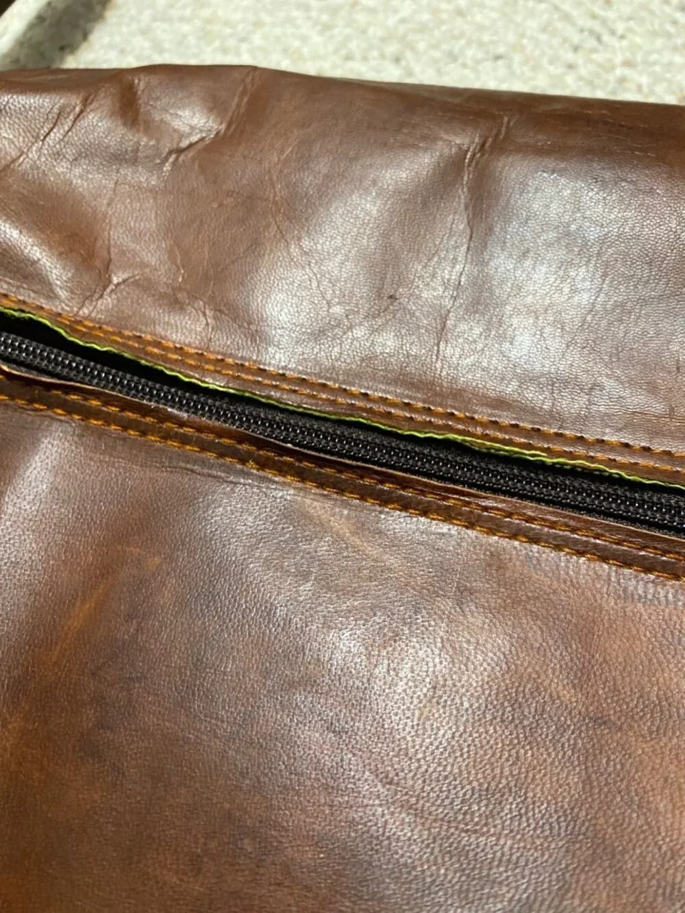 Brown Leather messenger padded laptop bag tote satchel NWOT green zipper NWOT